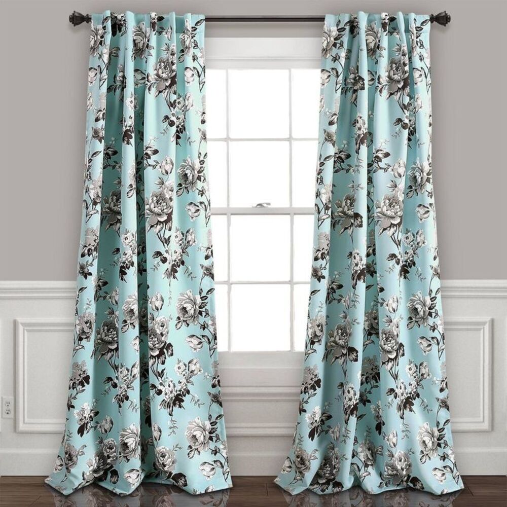 Set of 2 (84"x52") Tania Floral Light Filtering Window Curtain Panels Blue/